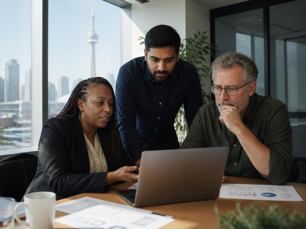 Three Canadian business owners reviewing local market data on a laptop in a Toronto office