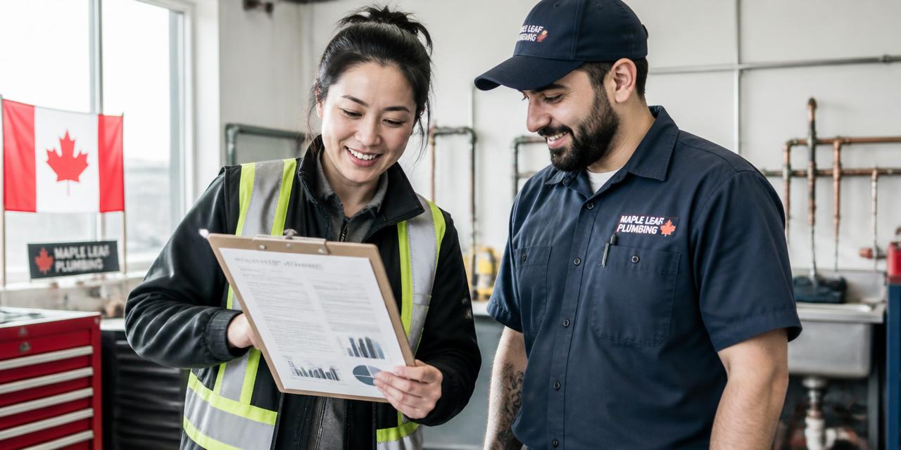A Canadian tradeswoman showing a simple market report to a plumber in their workshop